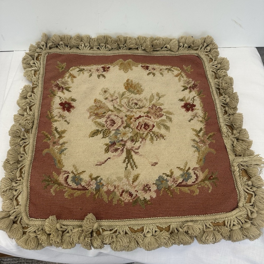 Vintage Wool Needlepoint Throw Pillow Cover Victorian Roses Tassels Velvet Back‎
